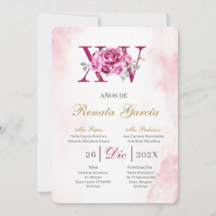 Convites Blush rosa quinceañera com rosa