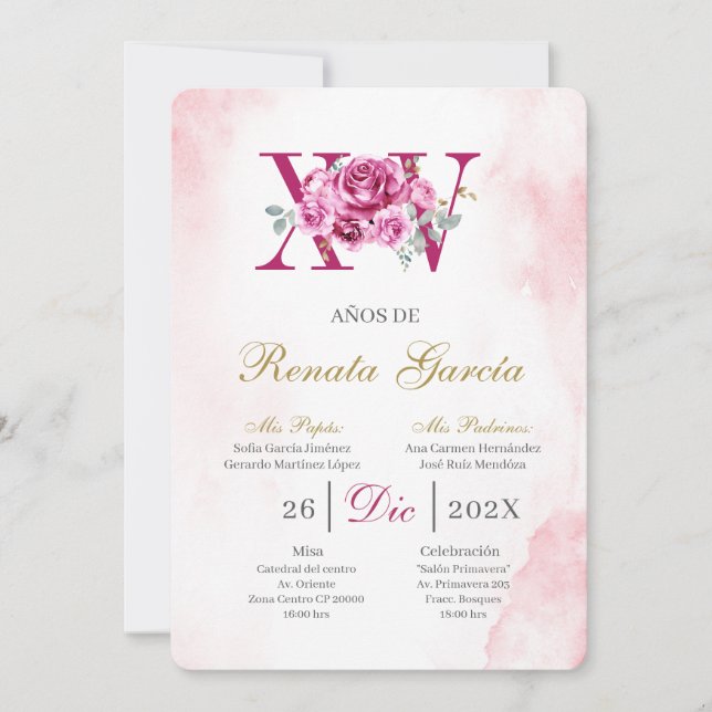 Convites Blush rosa quinceañera com rosa (Frente)