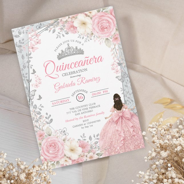 Convites Blush Rosa  Quinceañera Prata Aquarela  (Criador carregado)