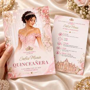 Convites Blush Rosa Quinceañera Princesa 15º Aniversário