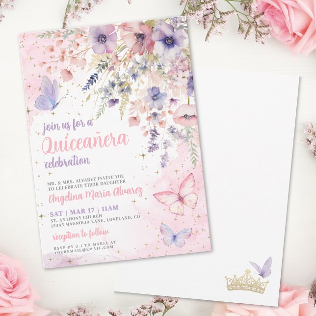 Convites Blush Rosa Roxo Floral Borboleta Quinceanera (Blush Pink Purple Floral Butterfly Quinceanera Invitation)