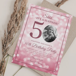 Convites Blush Rosa SURPRESA Foto 50 Aniversário Luzes Glam