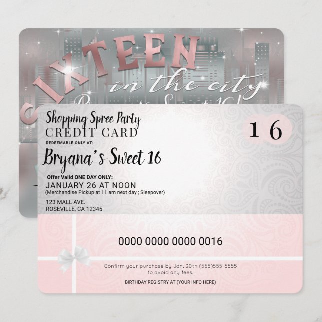 Convites Blush Rosa Surto de Compras Limusine da Cidade Doc (Frente/Verso)
