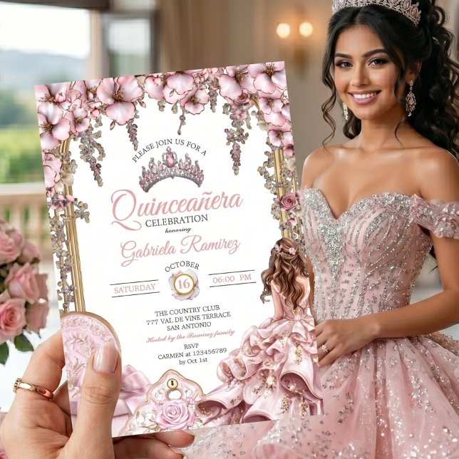 Convites Blush Rosa Tiara Floral Quinceañera (Criador carregado)