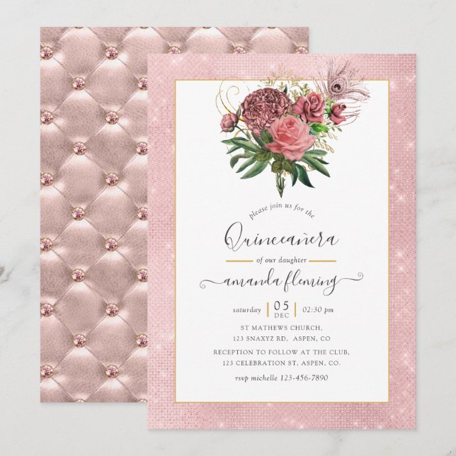 Convites Blush Rosa Vintage e Dourado Masquerade Quinceañer (Frente/Verso)