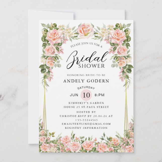 Convites Blush Rose Floral Modern Bridal Shower (Frente)