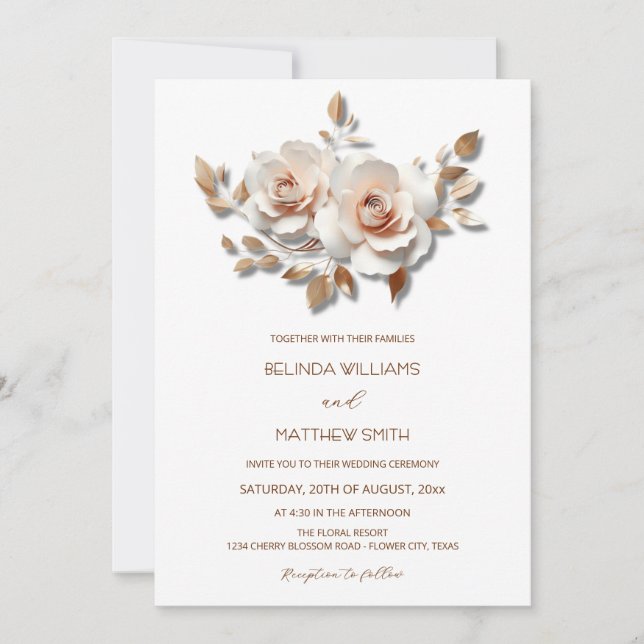 Convites Blush  Rose Gold 3D Flowers Simple (Frente)