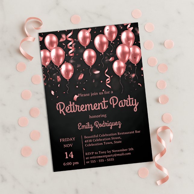 Convites Blush Rose Gold Balloons Confetti Retirement Party (Criador carregado)