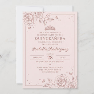 Convites Blush Rose Gold Floral Quinceañera