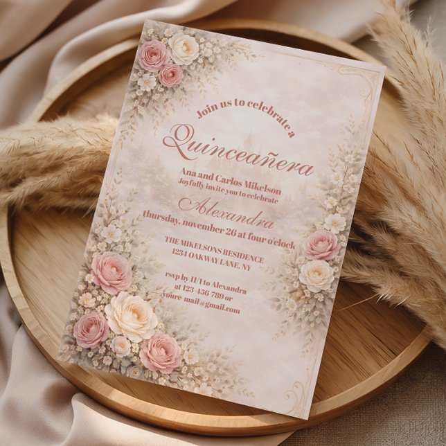 Convites Blush Rose Gold Garden Quinceañera (Criador carregado)