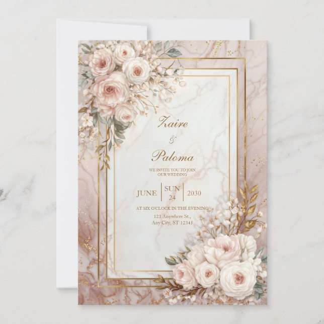 Convites Blush Rose Marble Gilded Frame Wedding (Frente)
