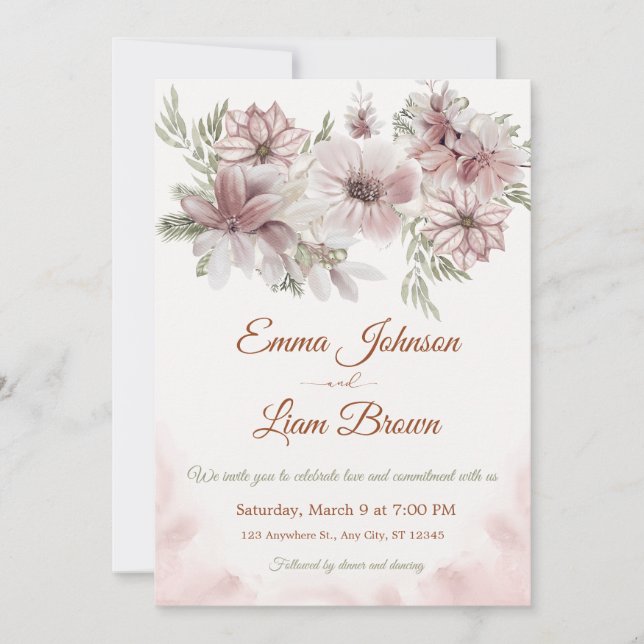 Convites Blush Rose & Peach Floral Wedding Invitation (Frente)