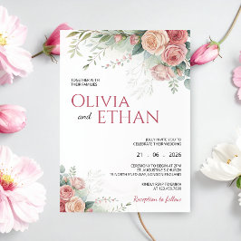 Convites Blush Rose Watercolor Floral Wedding Invitation