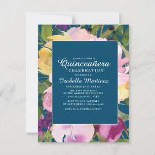 Convites Blush Roxo Amarelo Floral Azul Marinho Quinceañera