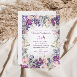 Convites Blush Roxo Floral Folhagem Aniversário de 40 anos