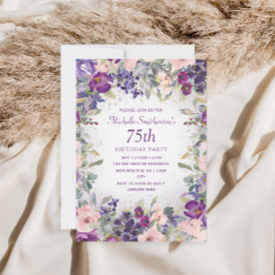 Convites Blush Roxo Floral Folhagem Aniversário de 75 anos