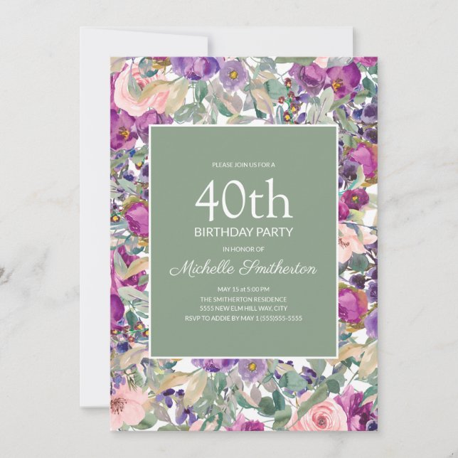 Convites Blush Roxo Floral Sage Verde 40º Aniversário (Frente)
