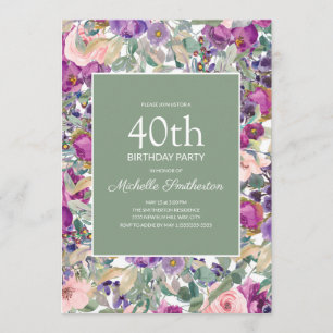 Convites Blush Roxo Floral Sage Verde 40º Aniversário