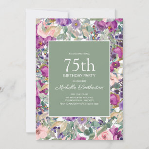 Convites Blush Roxo Floral Verde Sage Aniversário de 75 ano