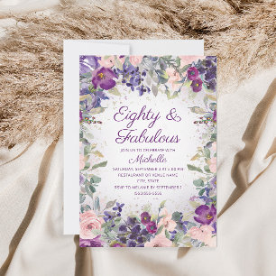 Convites Blush Roxo Rosa Floral 80 e Fabuloso Aniversário