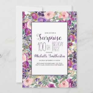 Convites Blush Roxo Rosa Folhas Florais 100º Aniversário
