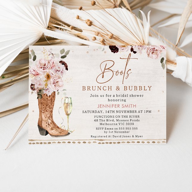 Convites Blush Rustic Boots Brunbble Chá de panela (Rustic boho floral boots, brunch and bubbly bridal shower invitation with glass and cowgirl boot.)