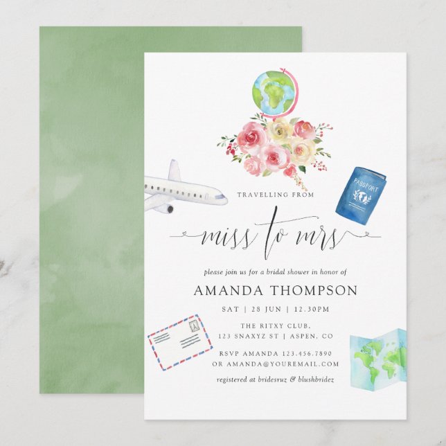 Convites Blush & Sage Green Floral Miss - Chá de panela (Frente/Verso)