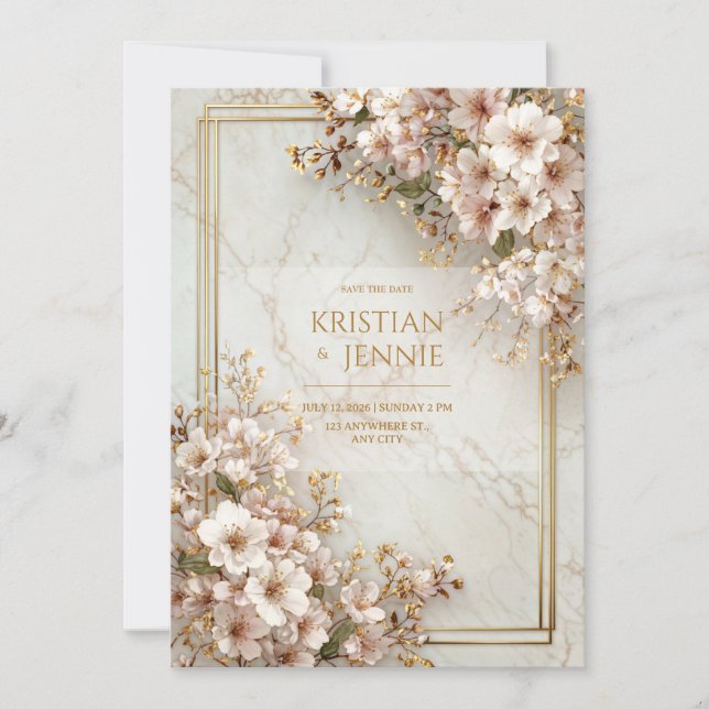 Convites Blush Sakura Marble Gilded Frame Wedding (Frente)
