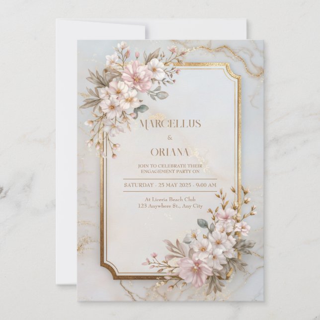 Convites Blush Sakura Marble Gilded Frame Wedding (Frente)