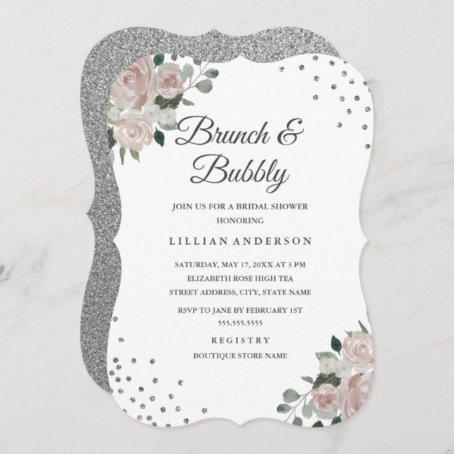 Convites Blush Silver Floral Confetti Brunch e Bubble (Frente/Verso)
