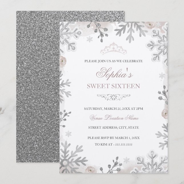 Convites Blush Silver Winter Wonderland Sweet 16º aniversár (Frente/Verso)