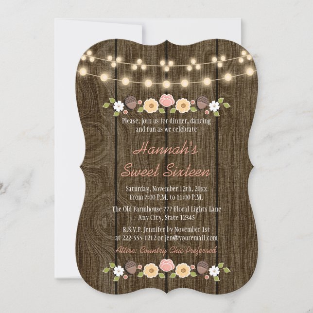 Convites Blush String of Lights Rustic Sweet 16 (Frente)