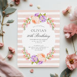 Convites Blush Stripe e Bloom Birthday BrunParty<br><div class="desc">Barato personalizado de aniversário de 30 anos personalizado de de personalizado com os detalhes do evento. Este bonito design botânico apresenta uma moldura de aquarela de pêssego e flores de lavanda sobre um fundo listrado. Use as ferramentas de design para personalizar o texto, editar as fontes e as cores ou...</div>