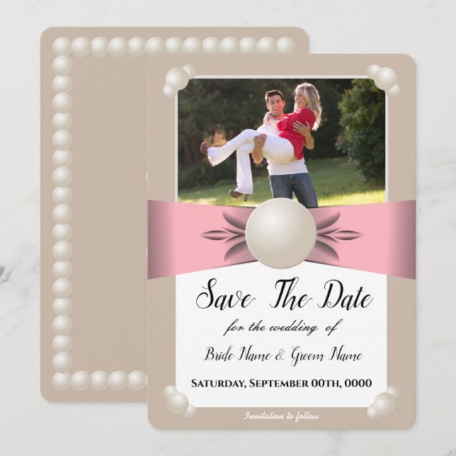 Convites Blush Suave e Fita Pérola Bege Foto Save The Date (Frente/Verso)