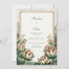 Convites Blush Teal Astrantia Gold Foil Wedding