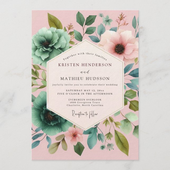 Convites Blush Teal Painterly Flora Wedding (Frente)