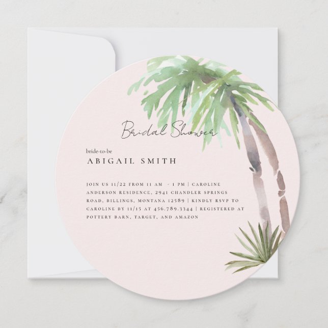 Convites Blush Tropical Palm Foliage Round Bridal (Frente)