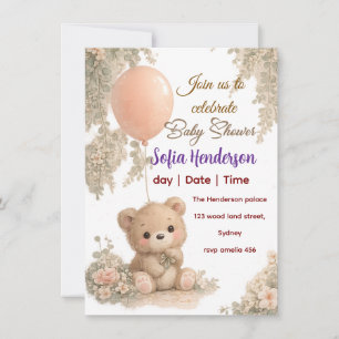 Convites Blush Urso Suave Cor floral baby shower aquarela