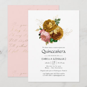 Convites Blush Vintage e Floral Dourado Quinze Anos Espanho