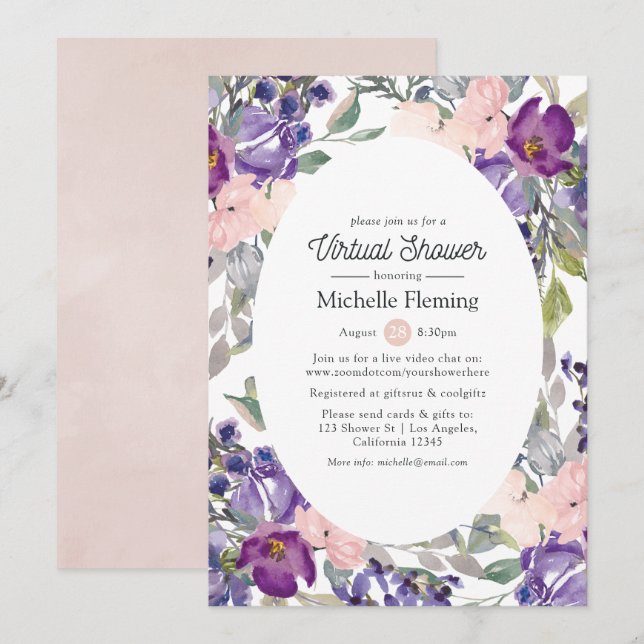 Convites Blush, Violet & Plum Virtual Baby ou Chá de panela (Frente/Verso)