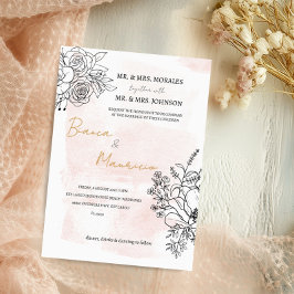 Convites Blush Watercolor & Black Floral Elegant Casamento