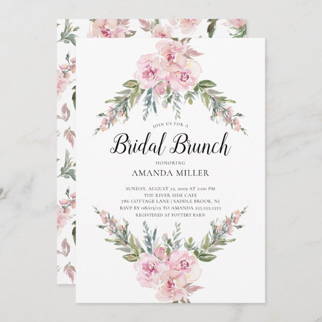 Convites Blush Watercolor Bridal Floral Brunch (Frente/Verso)