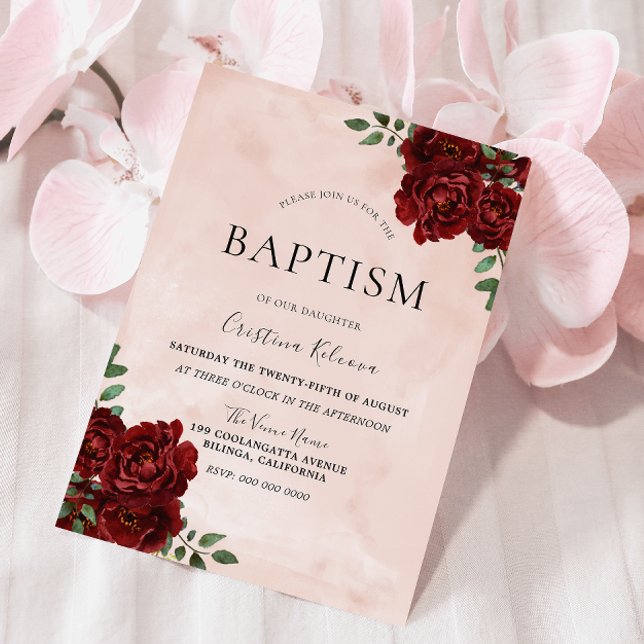 Convites Blush Watercolor Burgundy Rosa vermelha Baptism (Criador carregado)