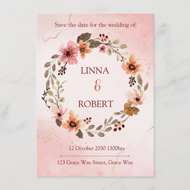 Convites blush watercolor floral wedding invitation  (Frente)