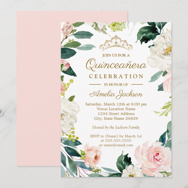 Convites Blush Watercolor Floral Wreath Quinceanera (Frente/Verso)