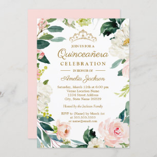 Convites Blush Watercolor Floral Wreath Quinceanera