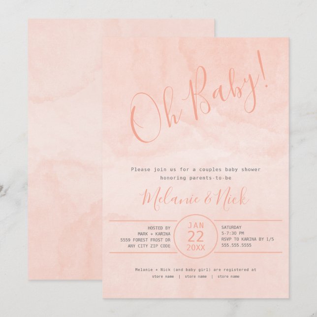 Convites Blush Watercolor Oh Baby Girl chá de fraldas (Frente/Verso)