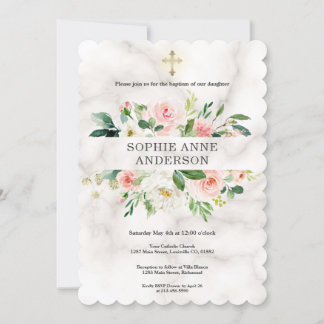Convites Blush White Flores Brancas Cruzam Batismo Menina