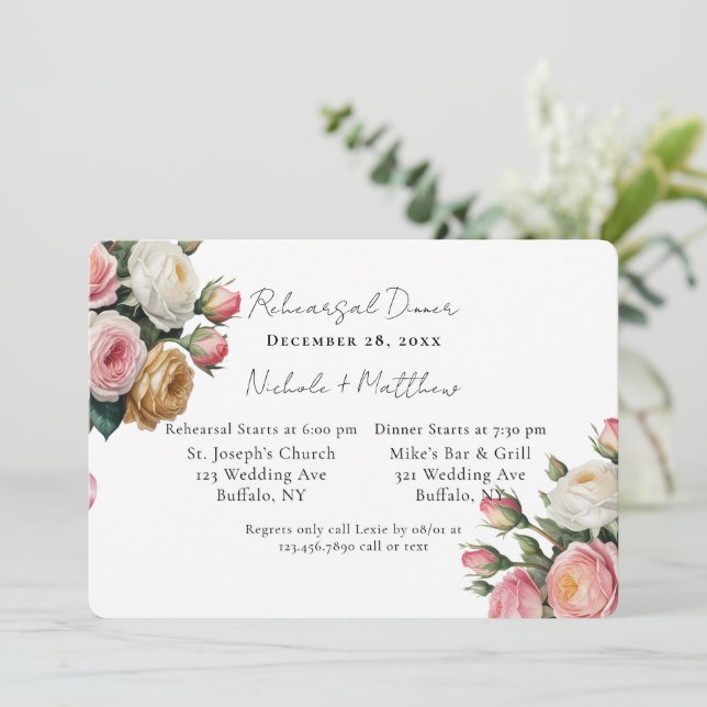 Convites Blush White Gold Floral Rehearsal Dinner (Em pé/Frente)