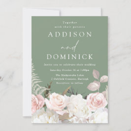 Convites Blush White Rosas Botânicas Sage Casamento Verde
